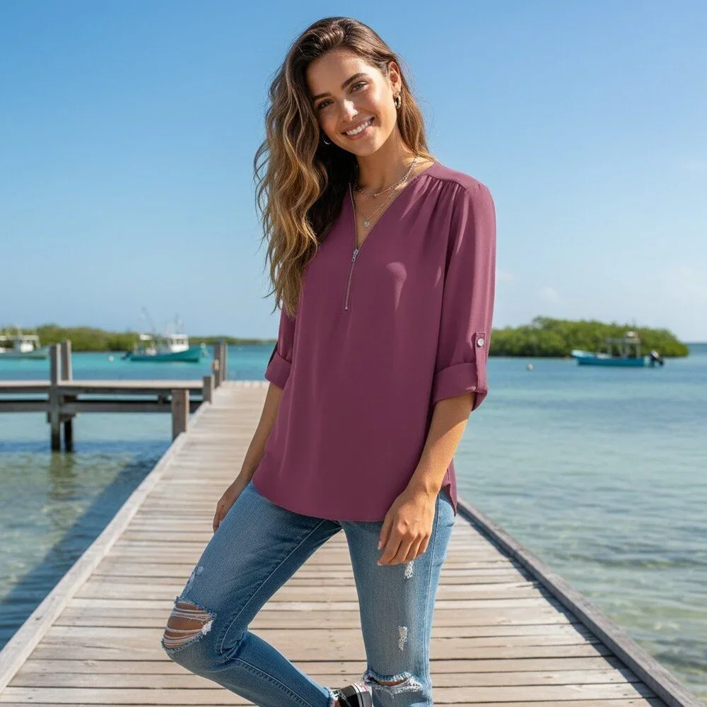 Ultra-Chic Purple V-Neck Blouse with Zip Detail & Roll-Up Sleeves Trendy 2XL